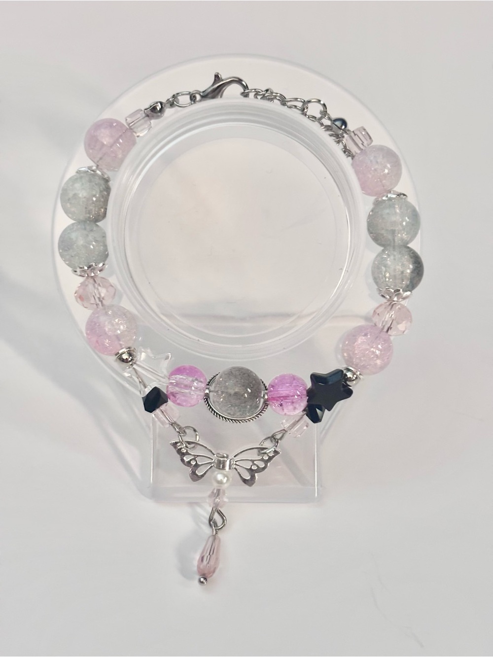 Handmade Pink & Gray Beaded Butterfly Charm Bracelet